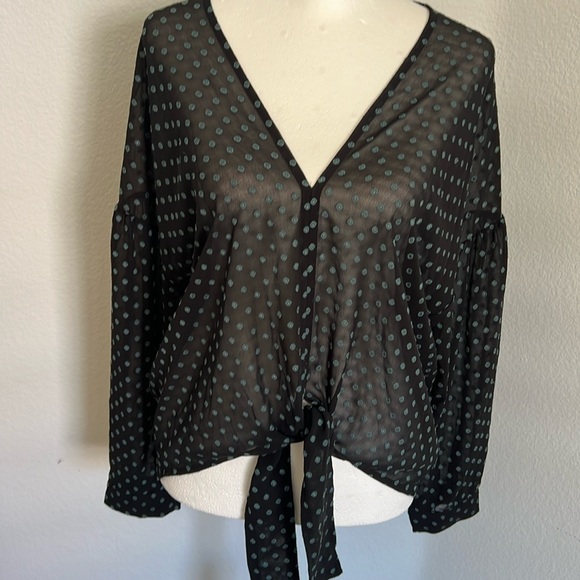 Current Air Tops - Current Air Tie Waist Black Semi-Sheer Blue Floral Blouse